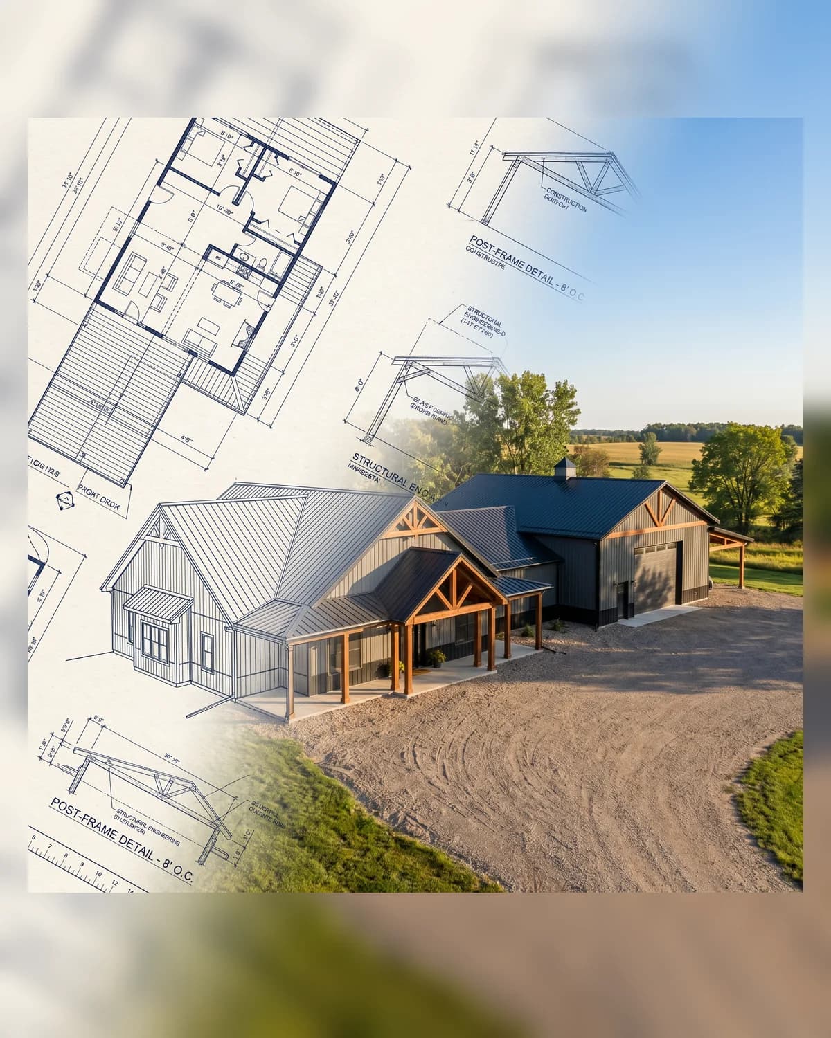 Blueprint transitioning into a finished Sherman Buildings project — portrait composition representing our values