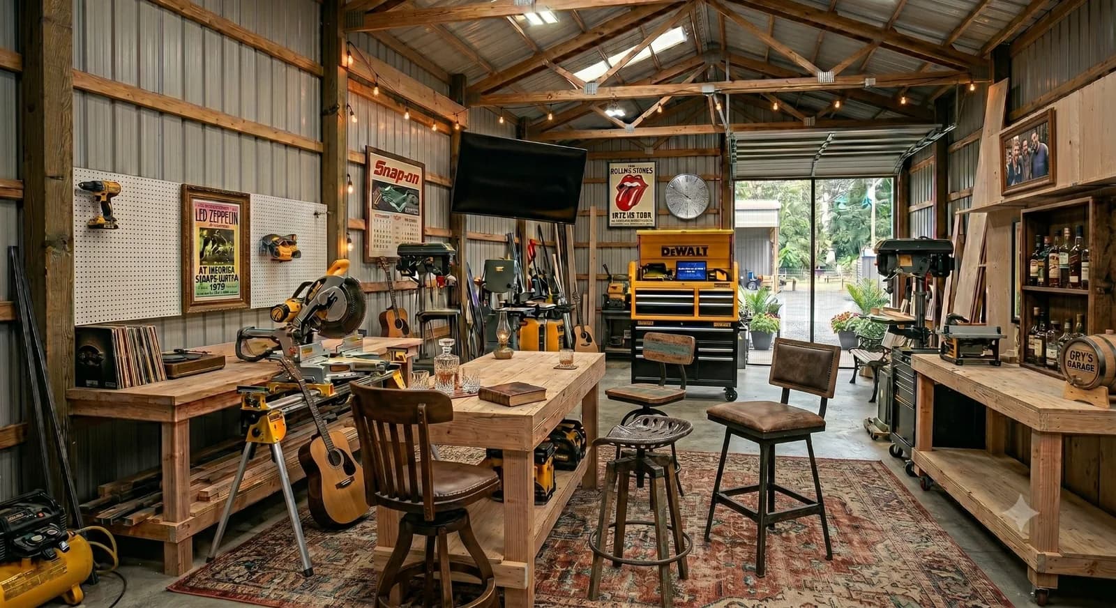 Workshop interior inside a Sherman post-frame barndominium with a workbench, miter saw, tool chest, and seating area