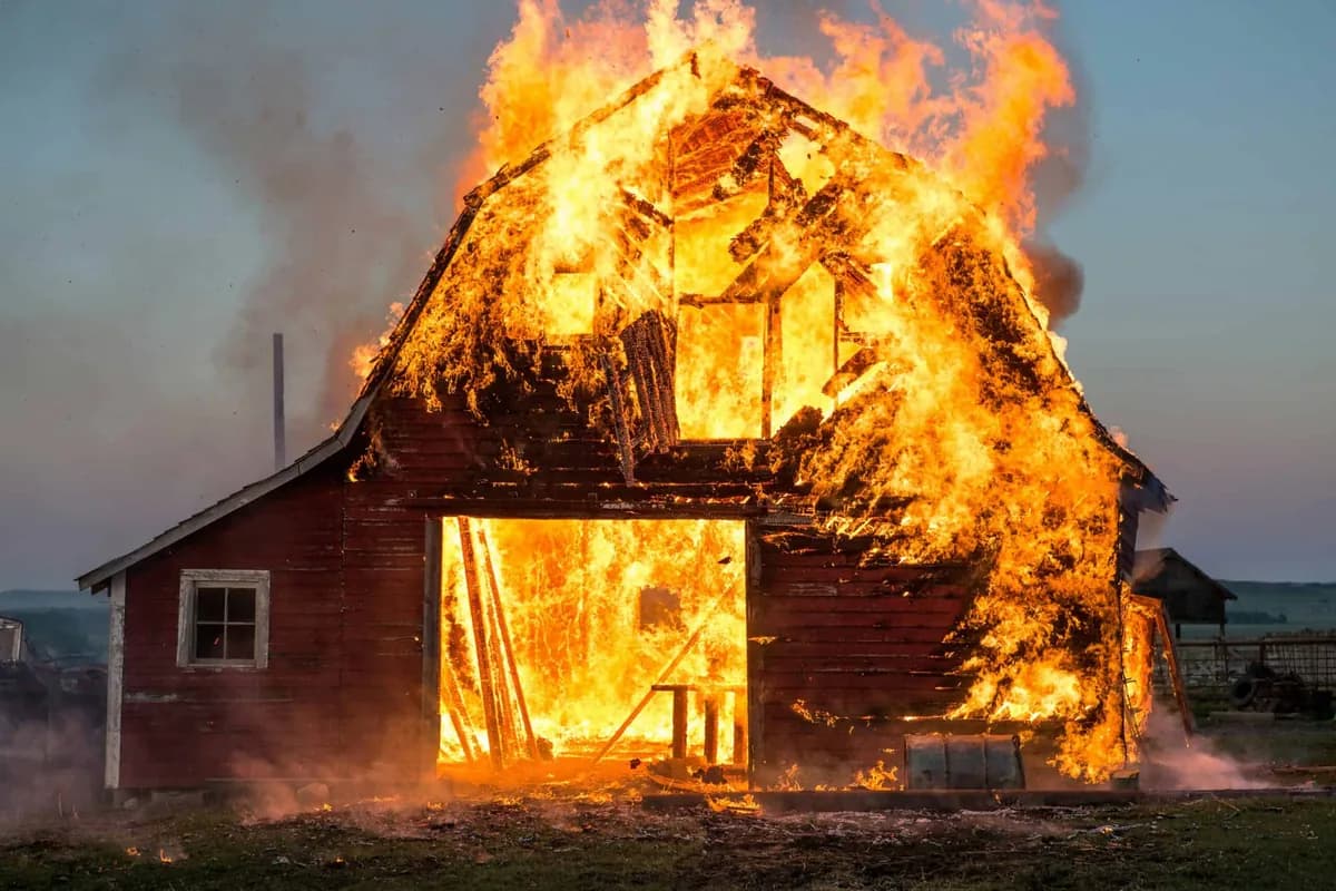 red barn on fire