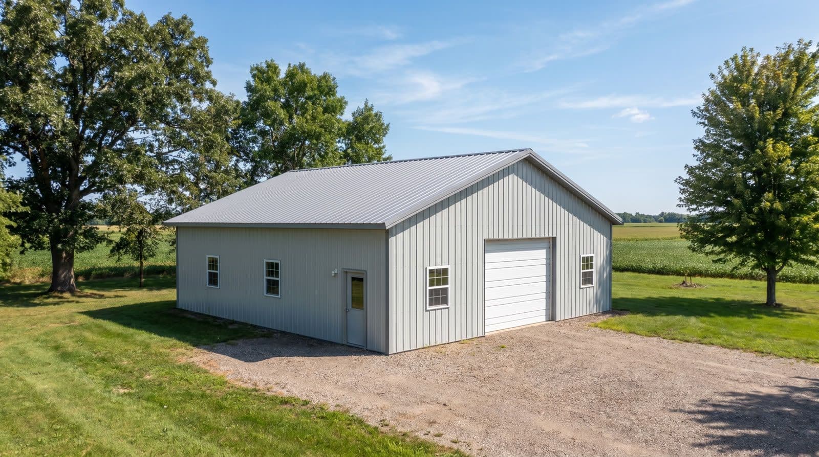 Finished post-frame pole building on a rural Minnesota property
