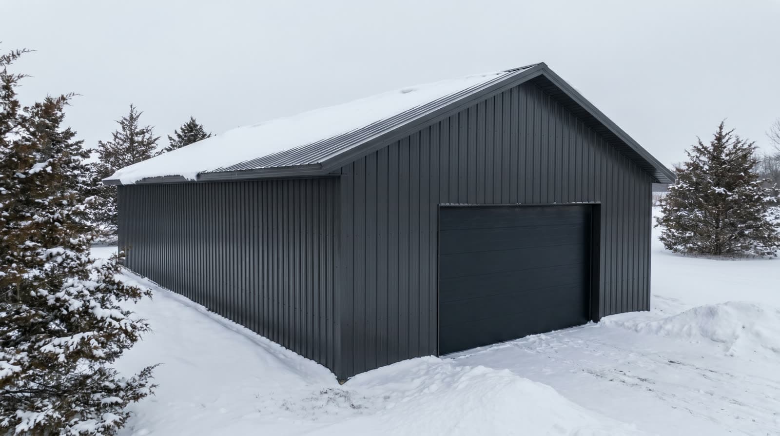 Post-frame pole building with a snow-covered metal roof in a Minnesota winter