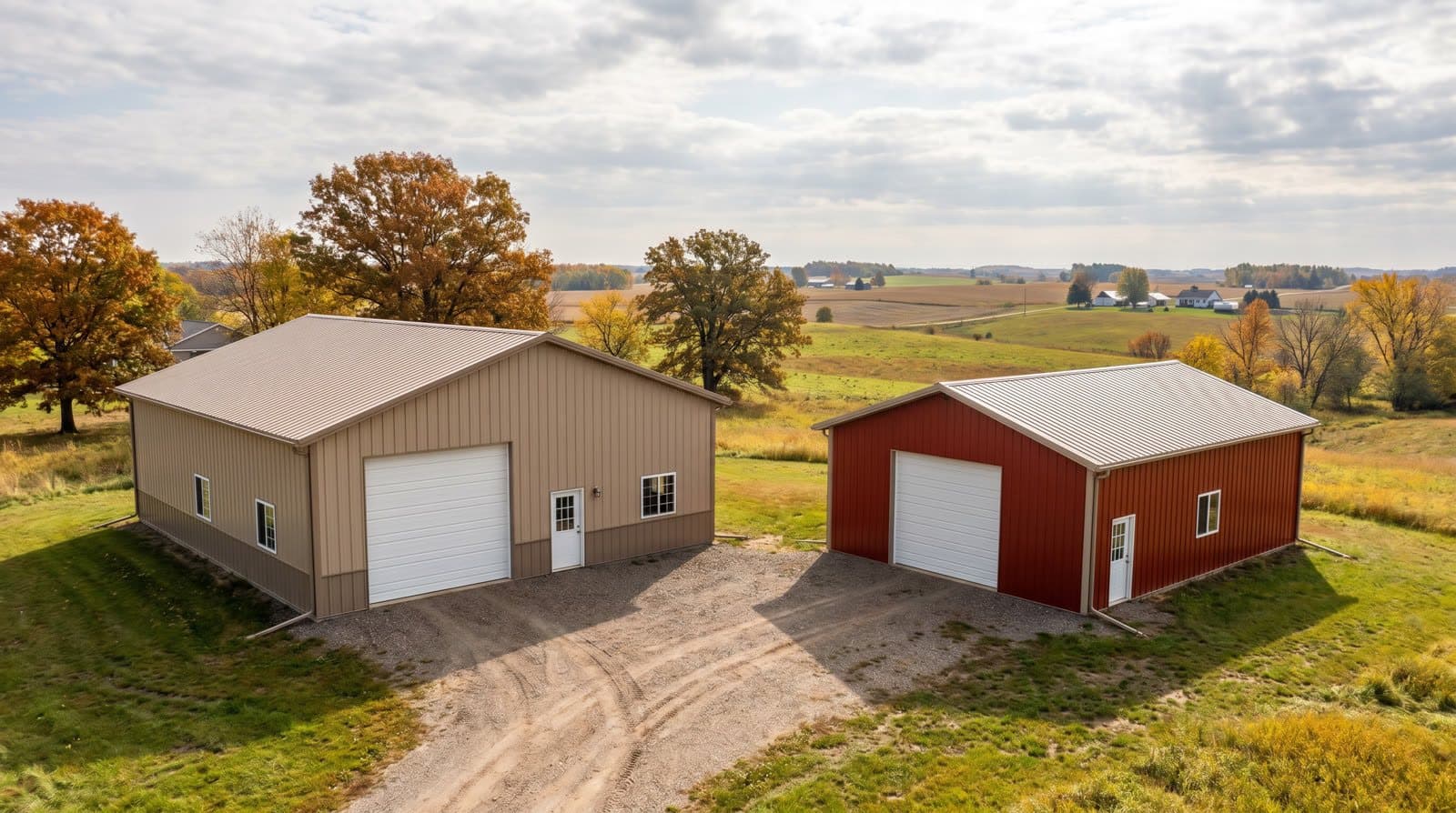 Two post-frame pole buildings on farmland near the Minnesota-Wisconsin border