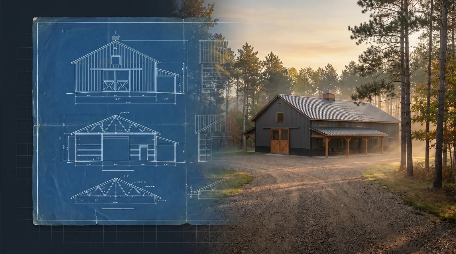 Blueprint transitioning into a finished Sherman Buildings project