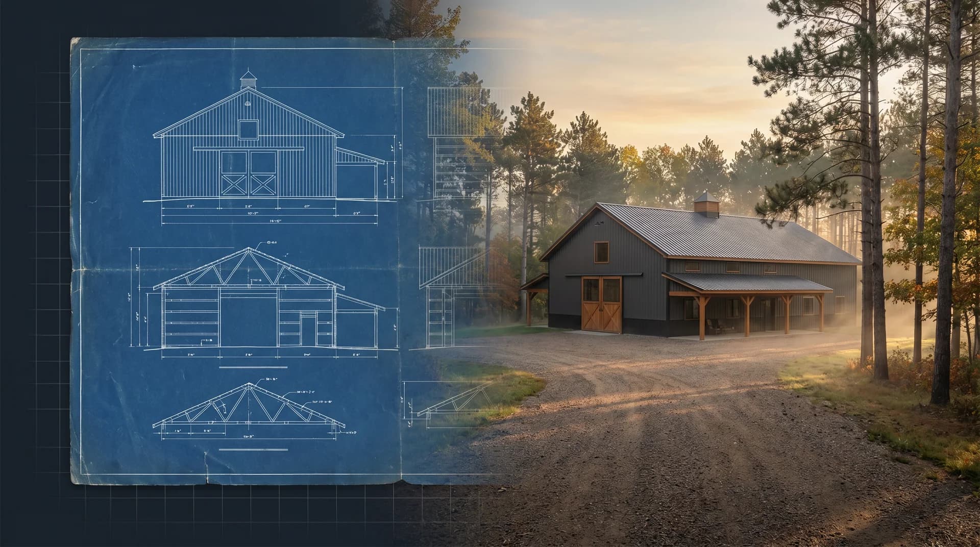 Blueprint transitioning into a finished Sherman Buildings project