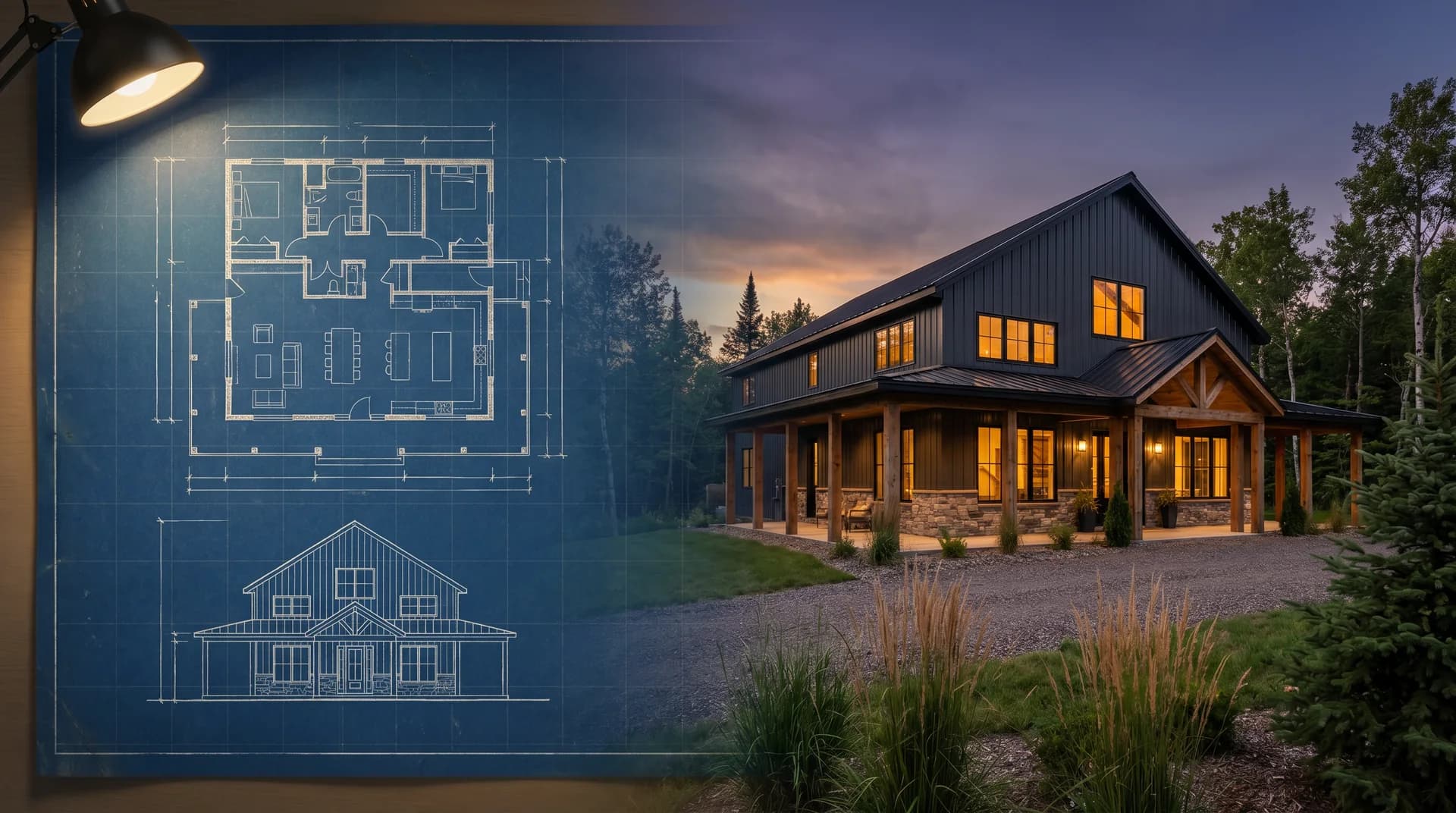 Barndominium blueprint transitioning into a finished build