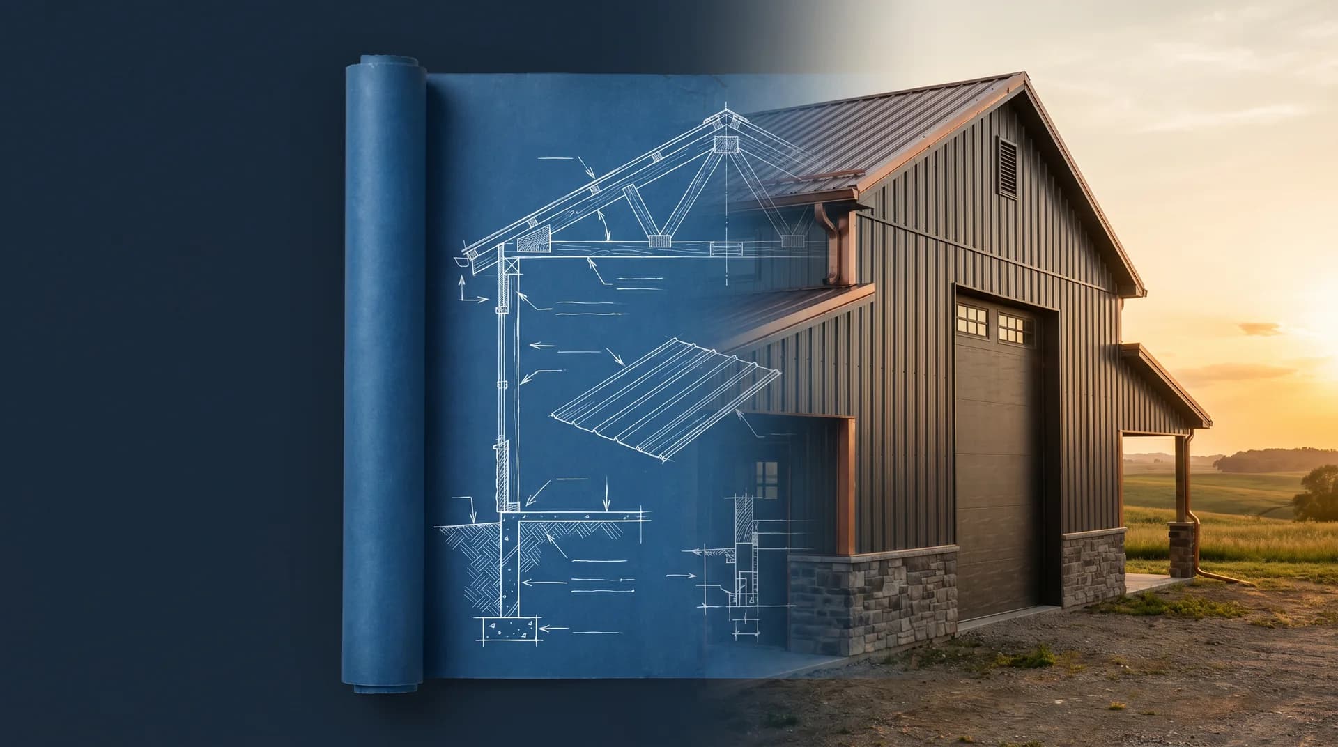 Pole building components — blueprint transitioning into finished structure