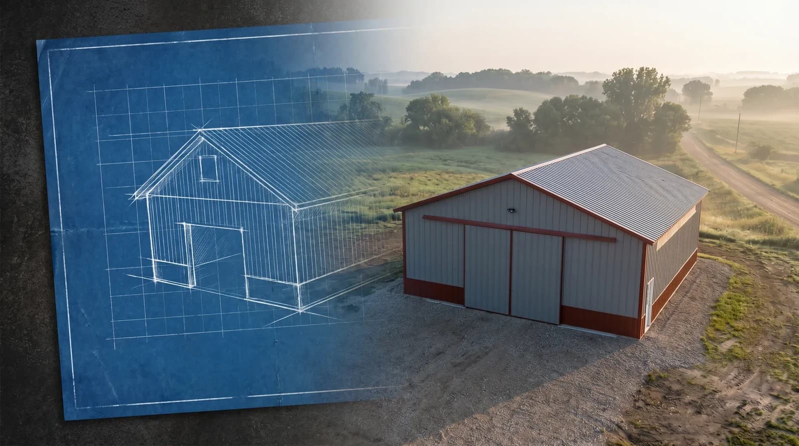 Blueprint transitioning into a finished Sherman Buildings project