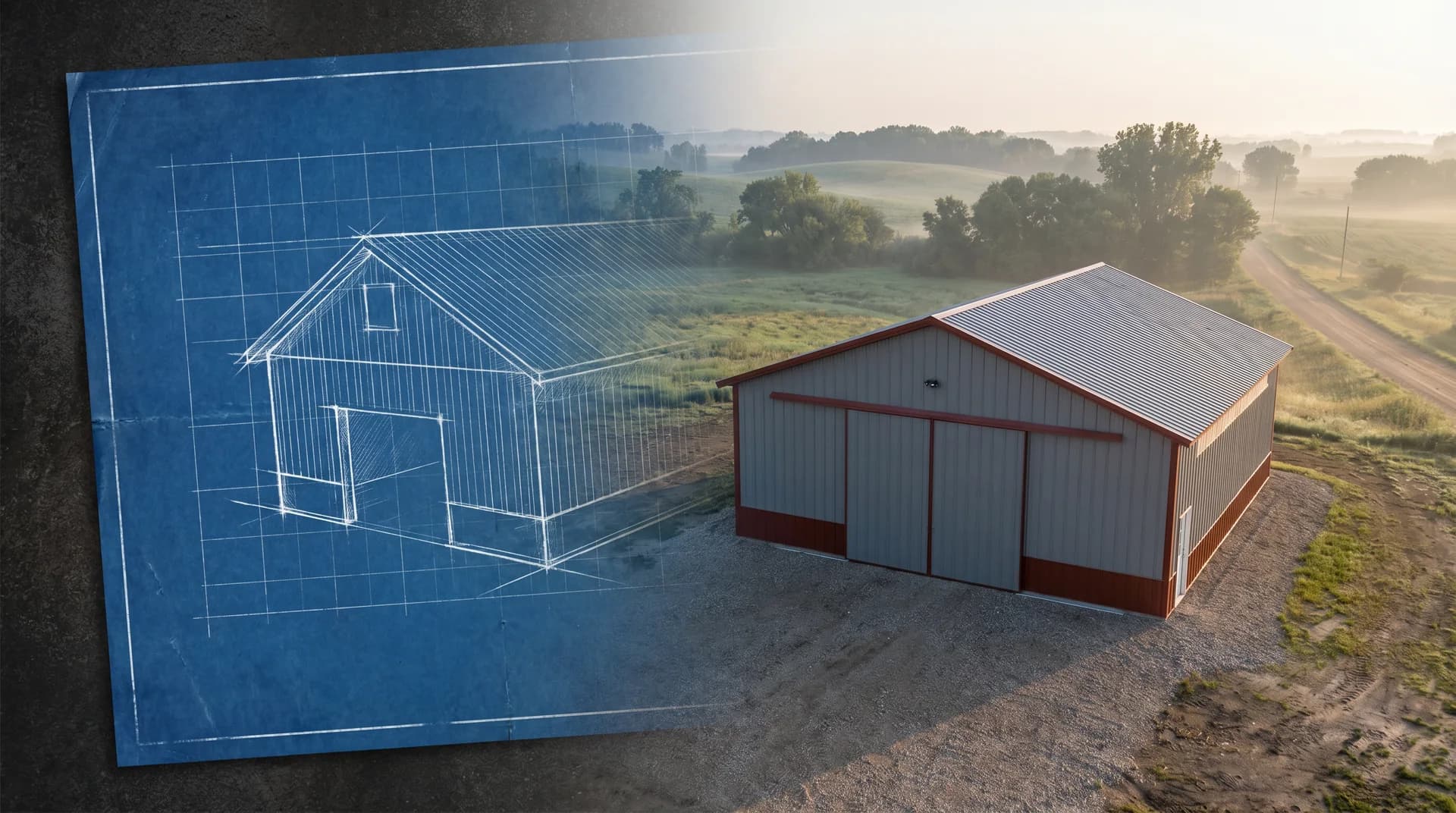 Blueprint transitioning into a finished Sherman Buildings project