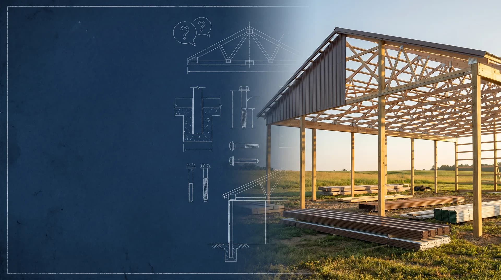 Blueprint transitioning into a finished pole building