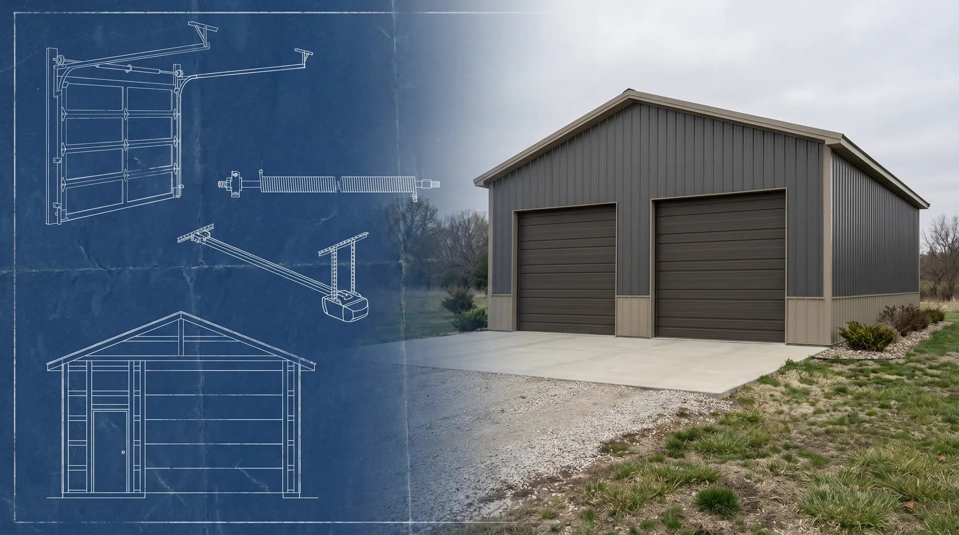 Garage door blueprint transitioning into an installed pole barn door
