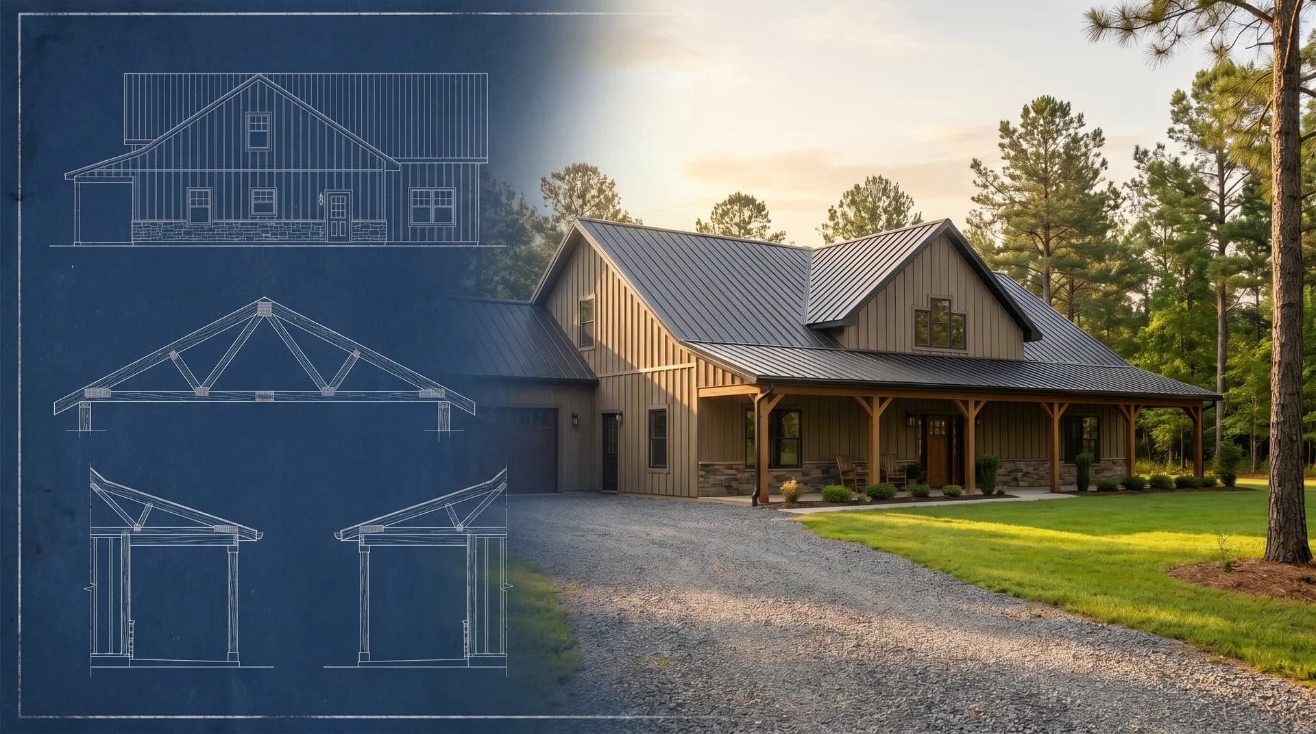 Home blueprint transitioning into a finished custom home