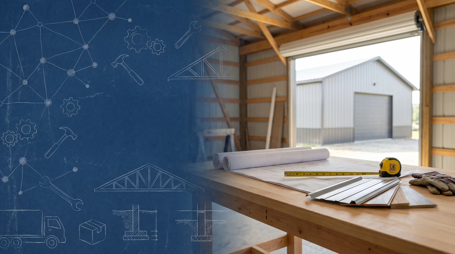 Blueprint transitioning into a finished Sherman Buildings project