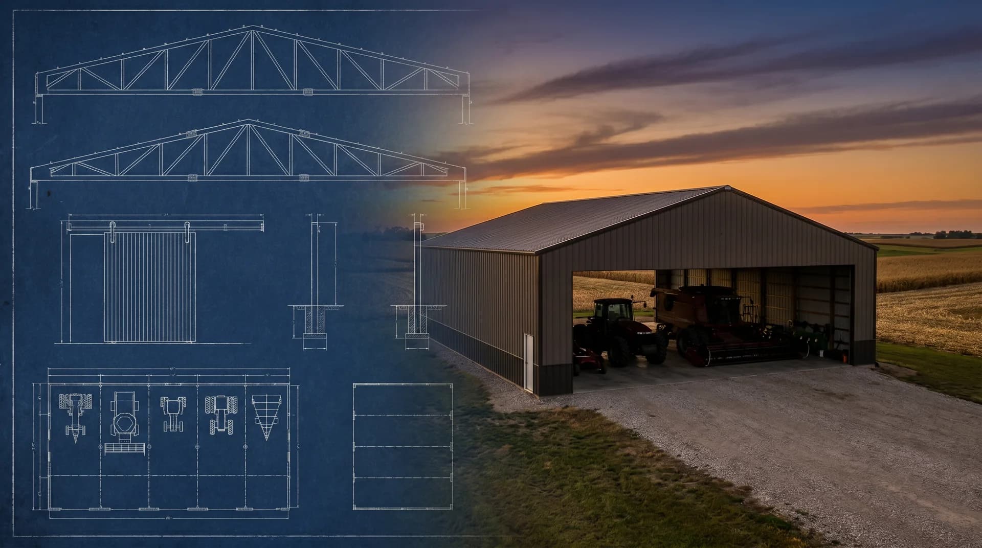 Machine shed blueprint transitioning into a finished pole building