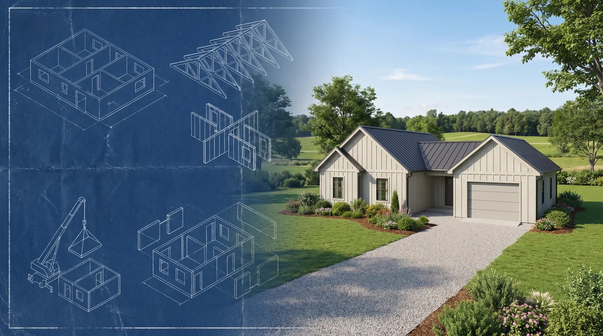 Modular home blueprint transitioning into a finished home