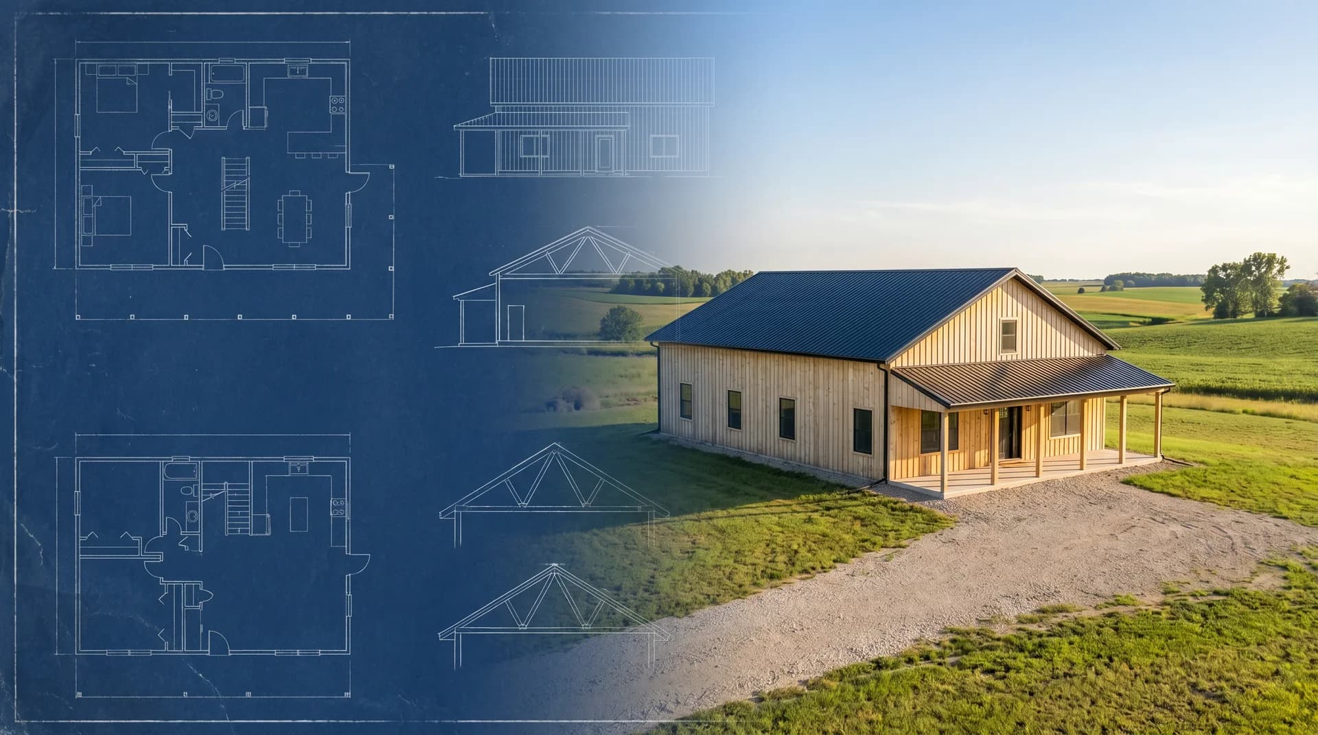 New home blueprint transitioning into a finished build