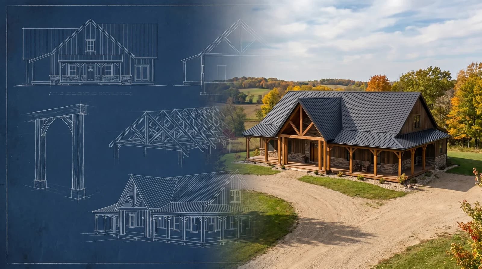 Minnesota pole barn home blueprint transitioning into a finished home