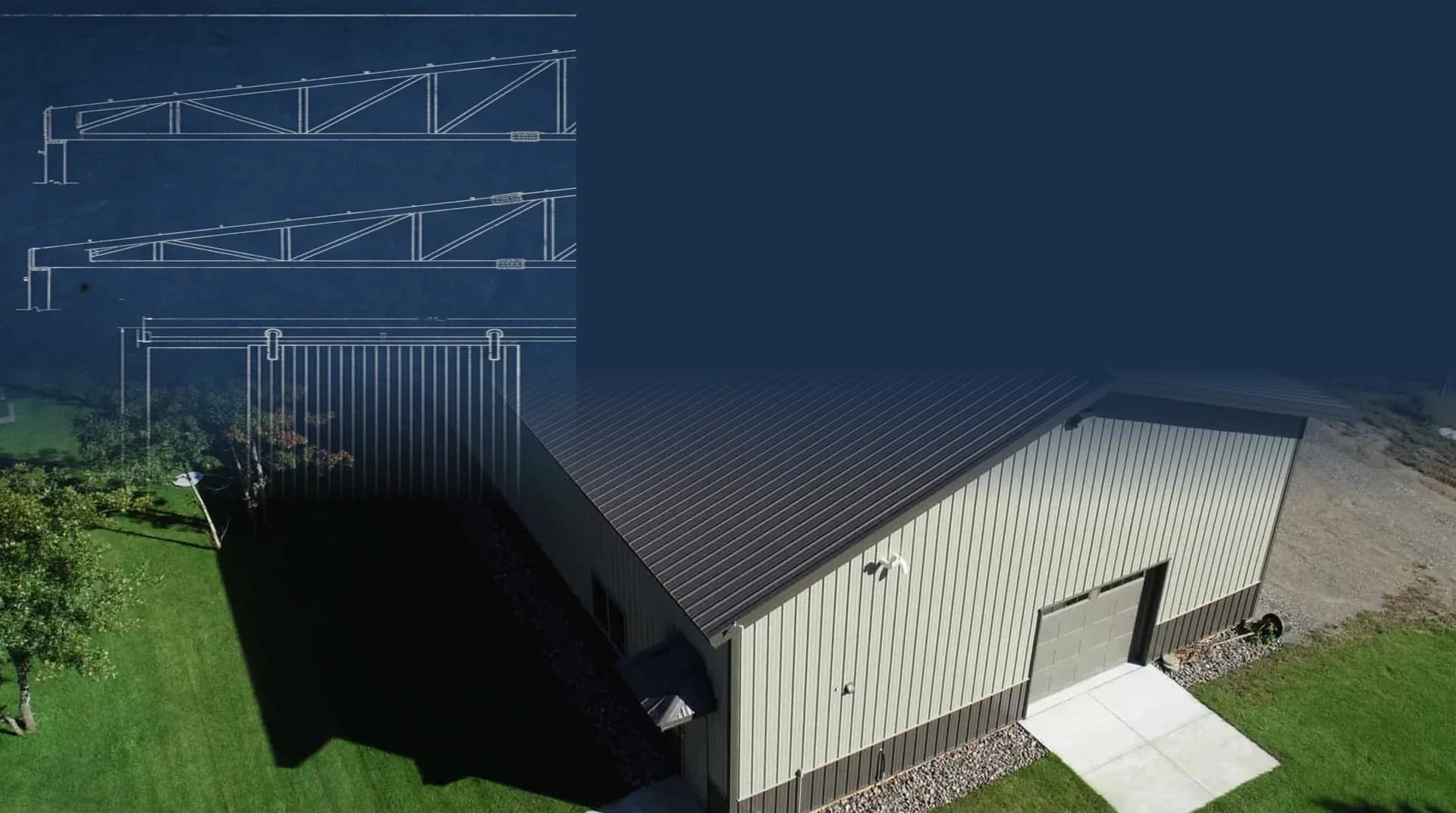 Pole barn and shed blueprint transitioning into a finished post-frame build