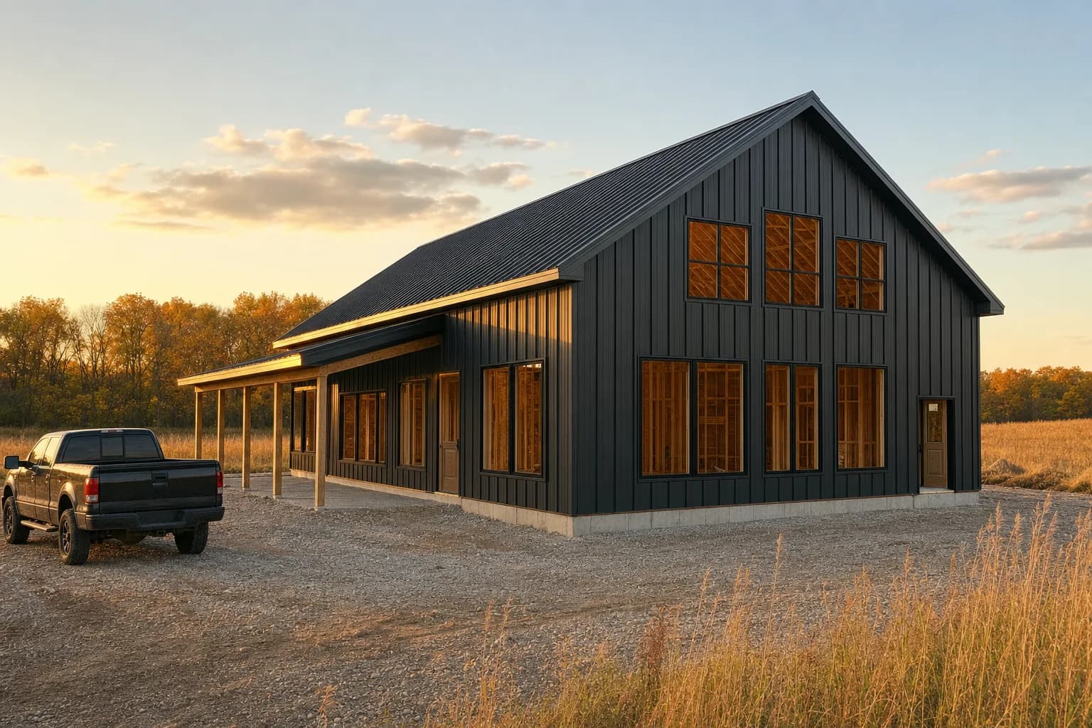 Weather-tight Sherman Buildings post-frame barndominium shell on a Minnesota build site at golden hour