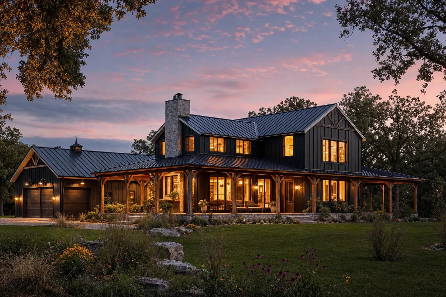 Custom Sherman Buildings barndominium home at twilight with warm interior light glowing through large windows