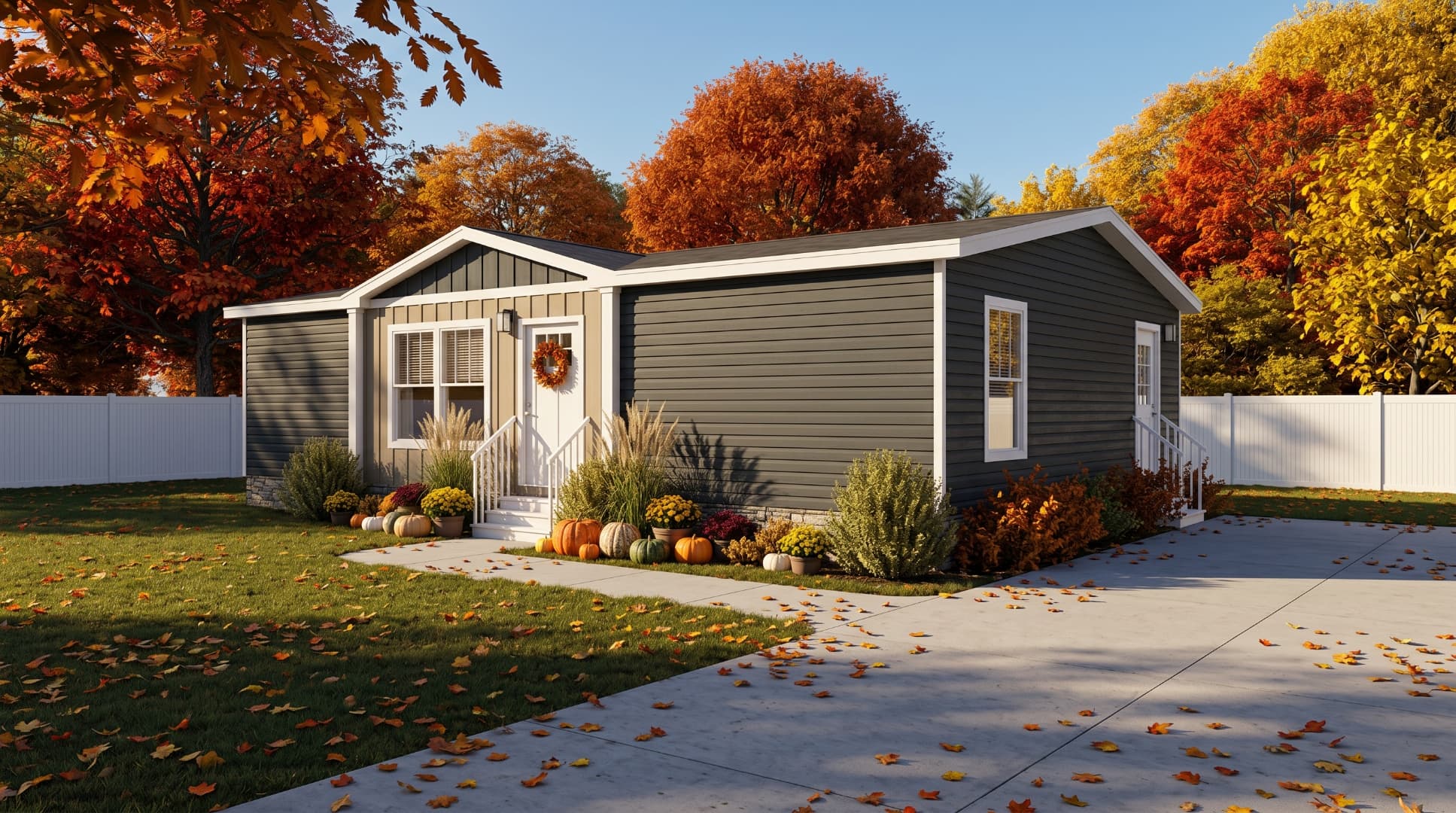 Modular home with autumn foliage and fall decorations