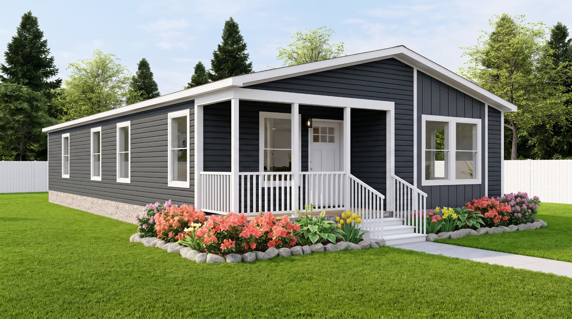 Modular home with navy siding and spring landscaping