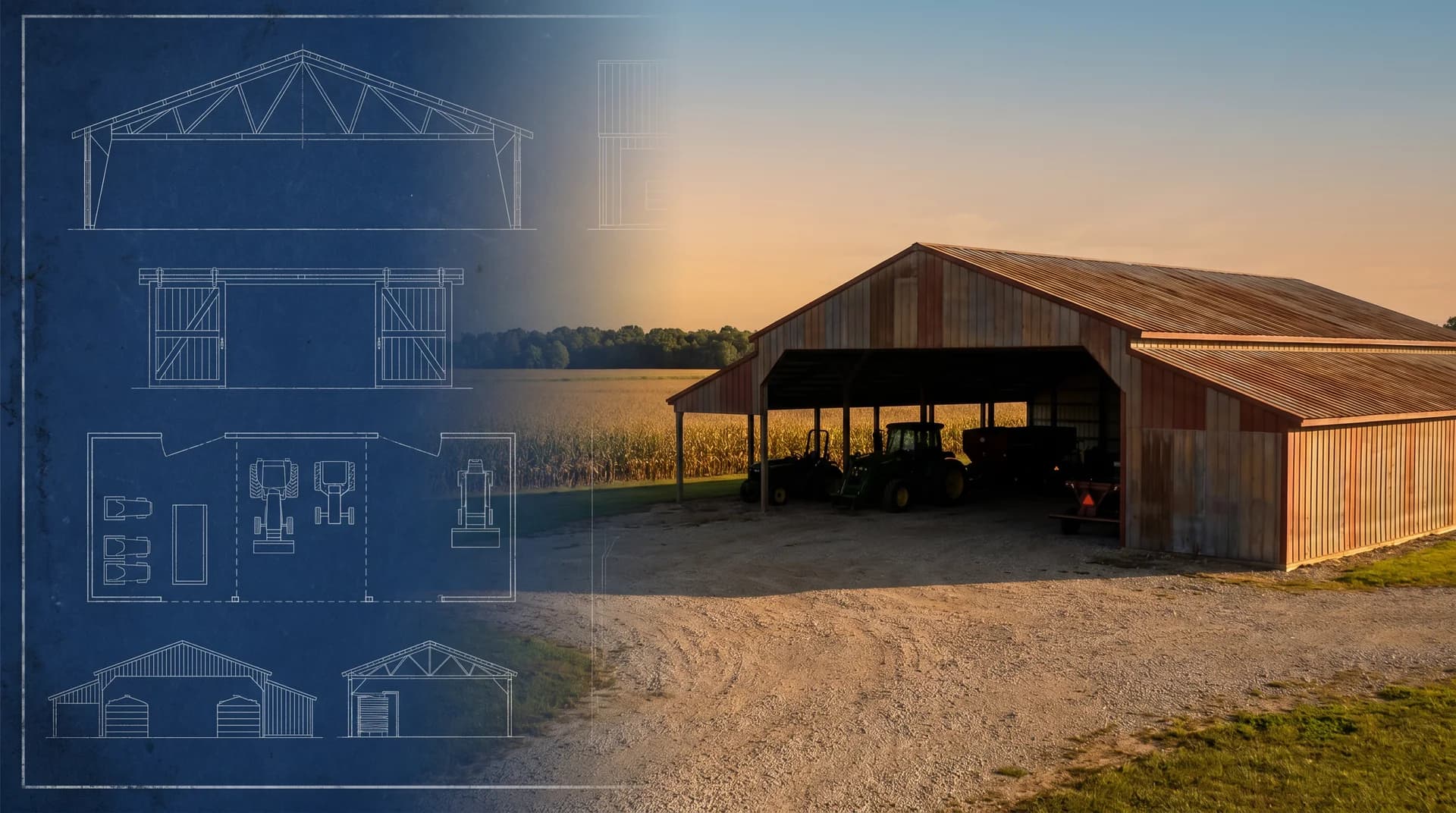 Large post-frame agricultural building by Sherman Buildings — blueprint to photoreal