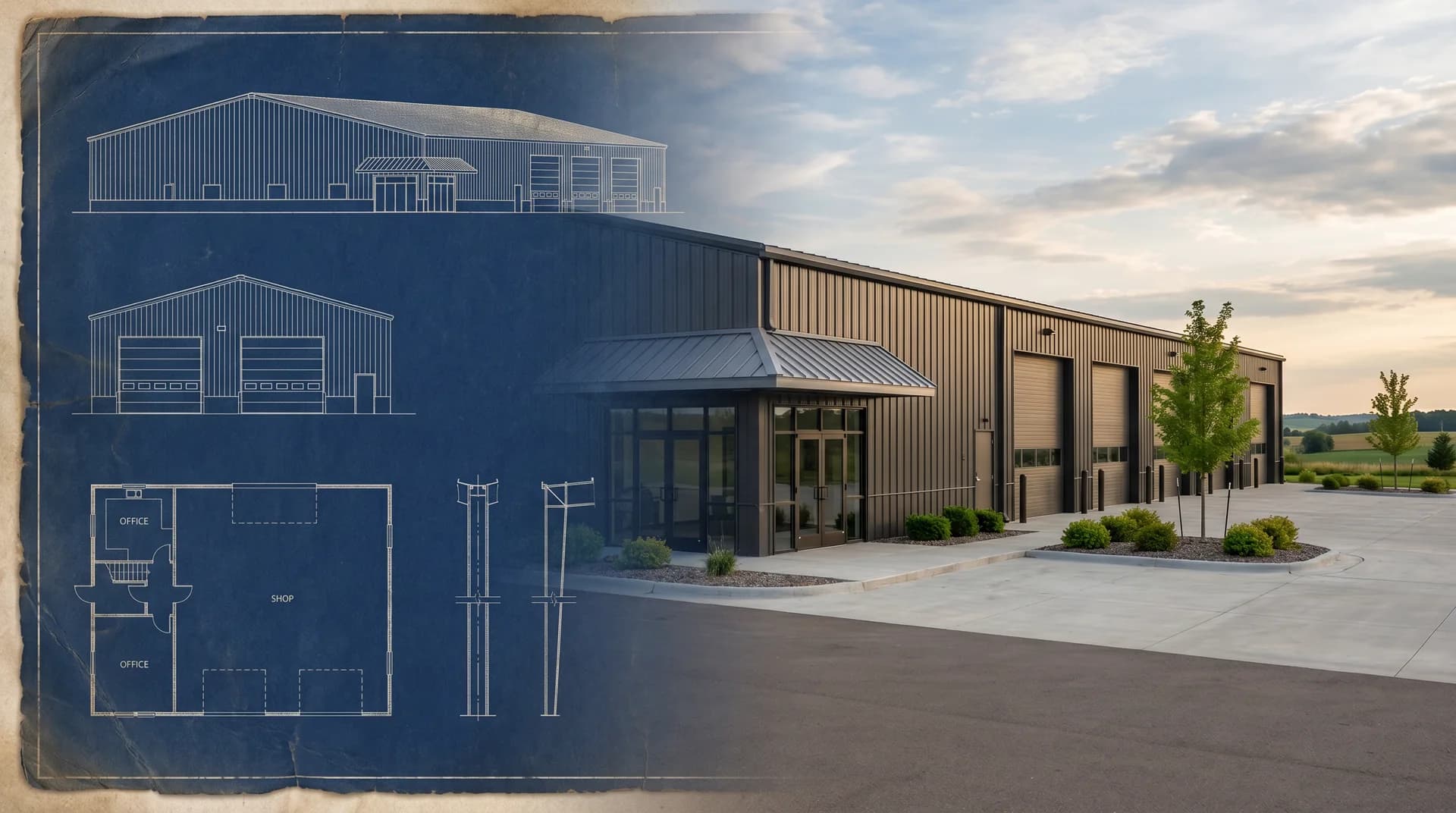 Post-frame commercial building by Sherman Buildings — blueprint to photoreal