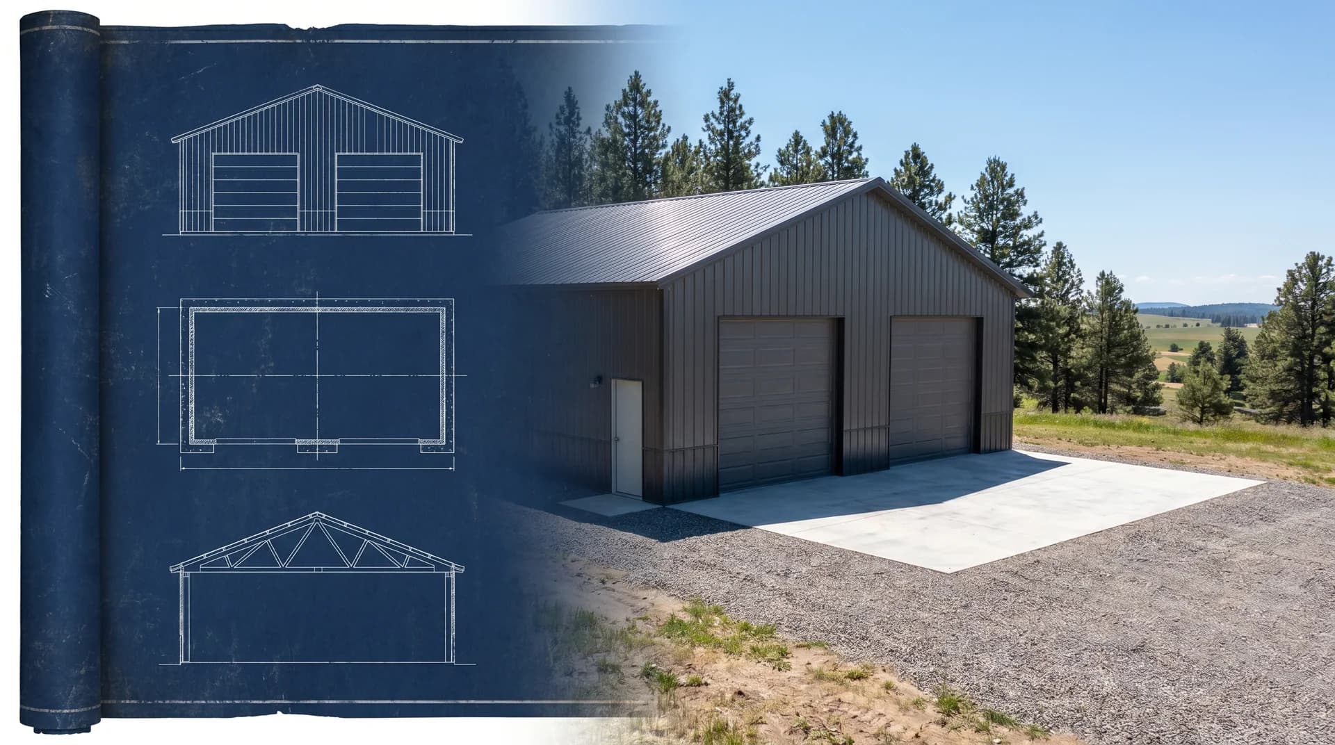 Post-frame residential garage and storage building by Sherman Buildings — blueprint to photoreal