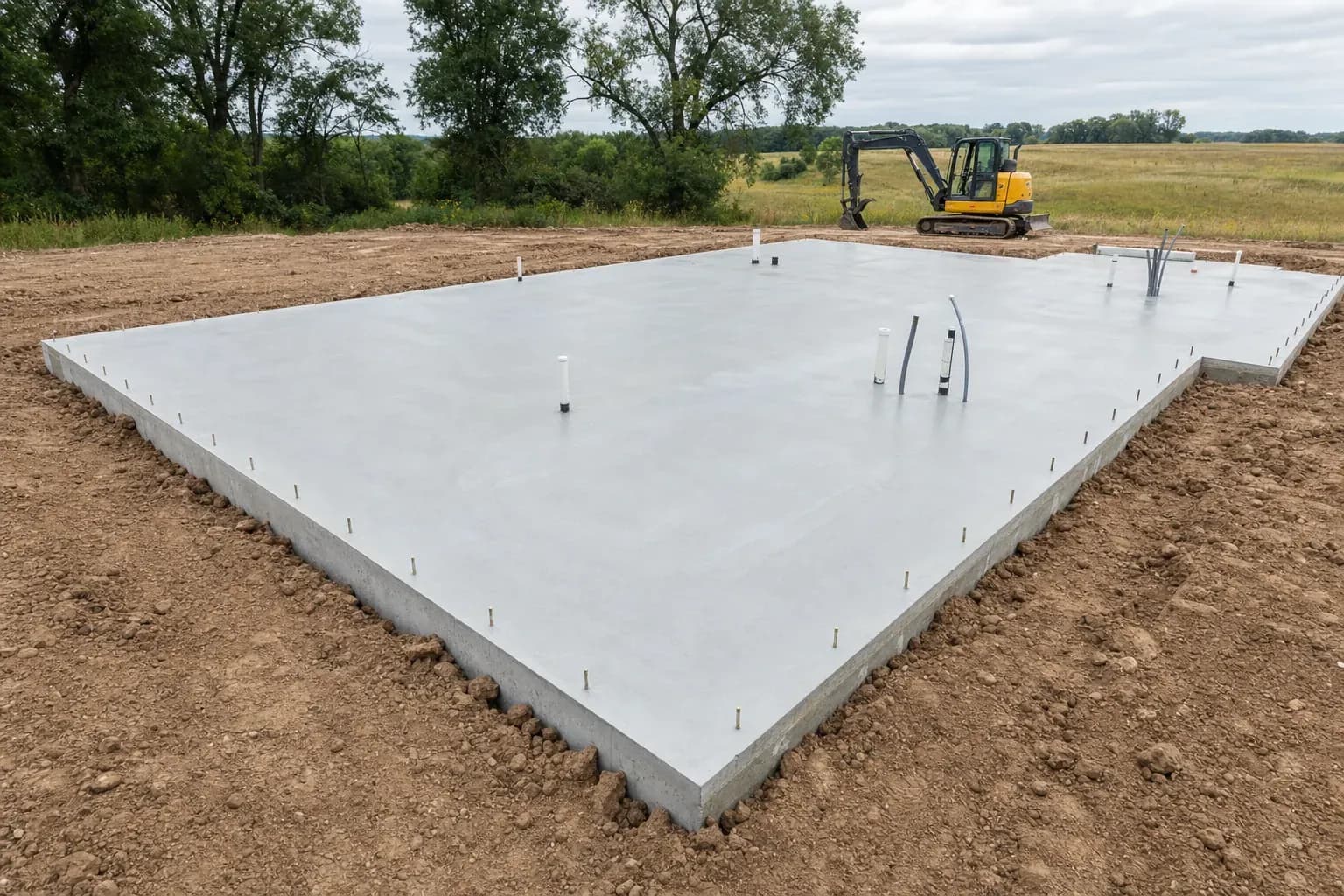 Freshly poured concrete foundation with utility rough-ins and anchor bolts ready for post-frame construction on a Sherman Buildings site