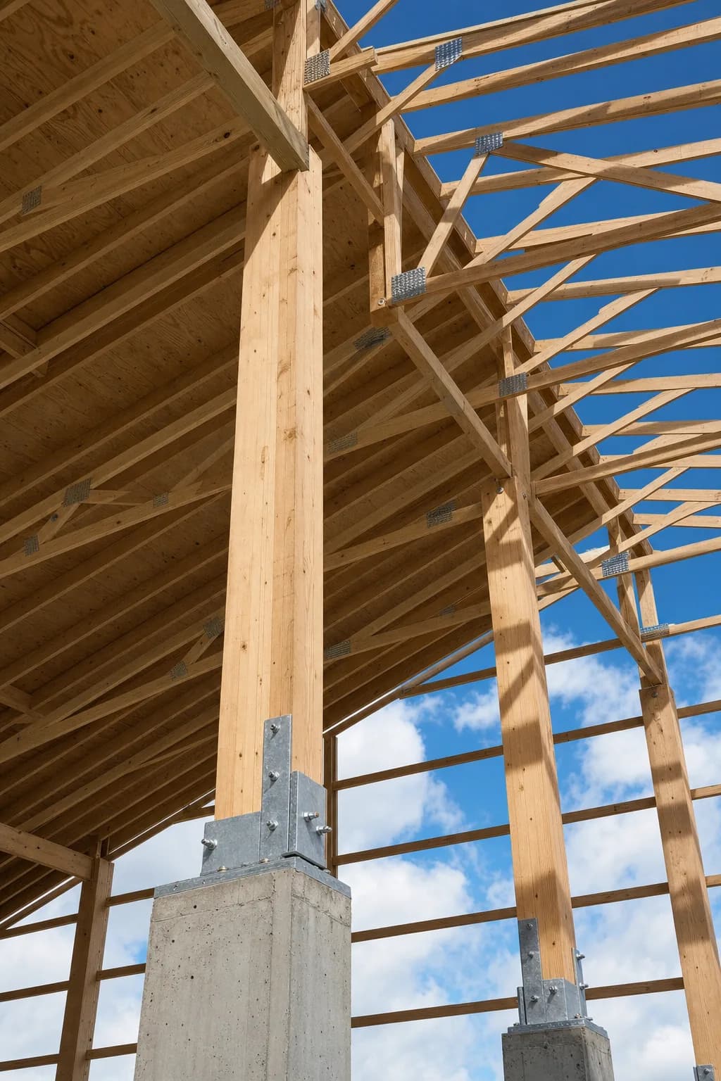 Close-up of engineered post-frame columns and clear-span roof trusses on a Sherman Buildings Structure Dried In project