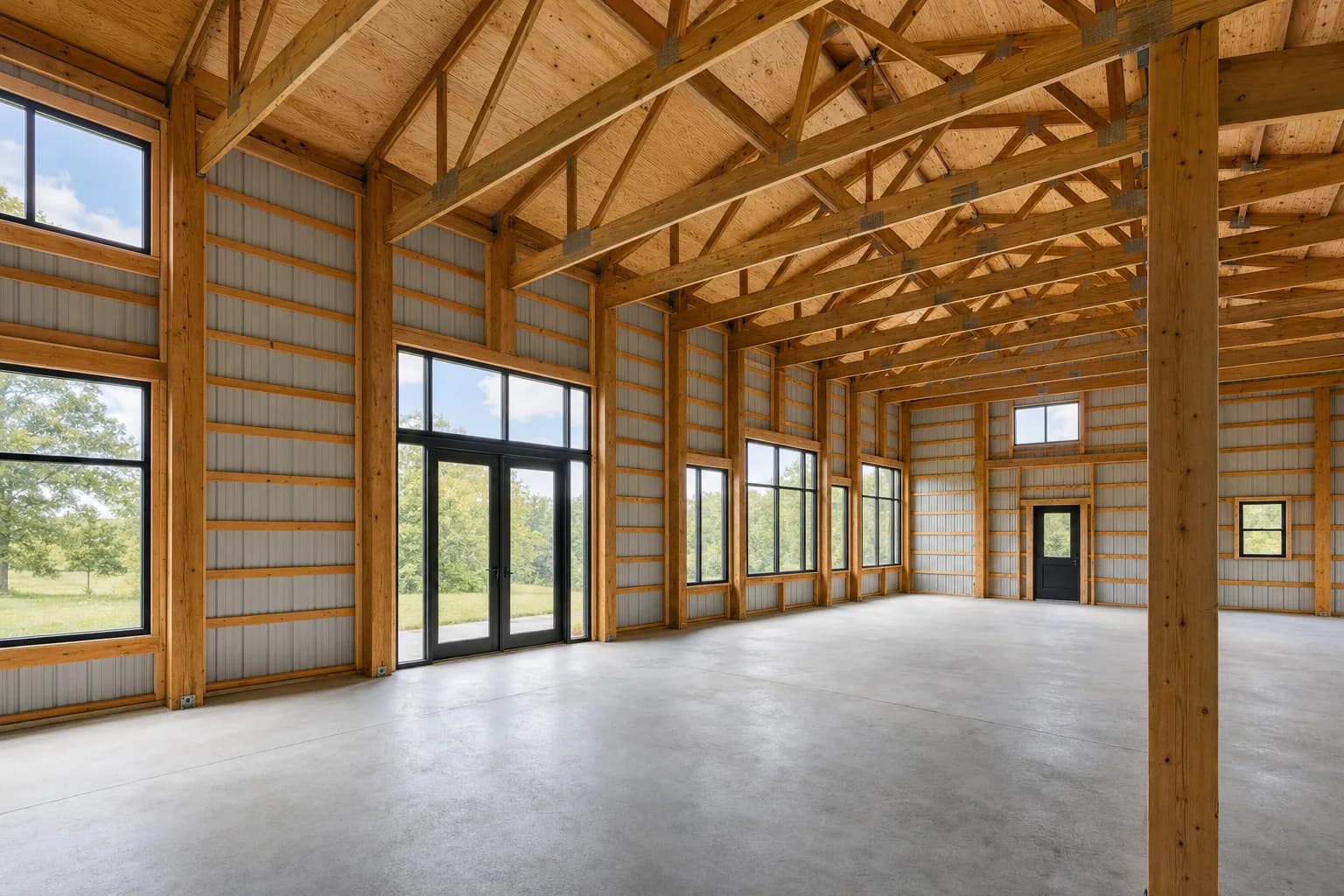 Interior of a weather-tight Sherman Buildings post-frame shell with windows installed and concrete slab, ready for owner trades