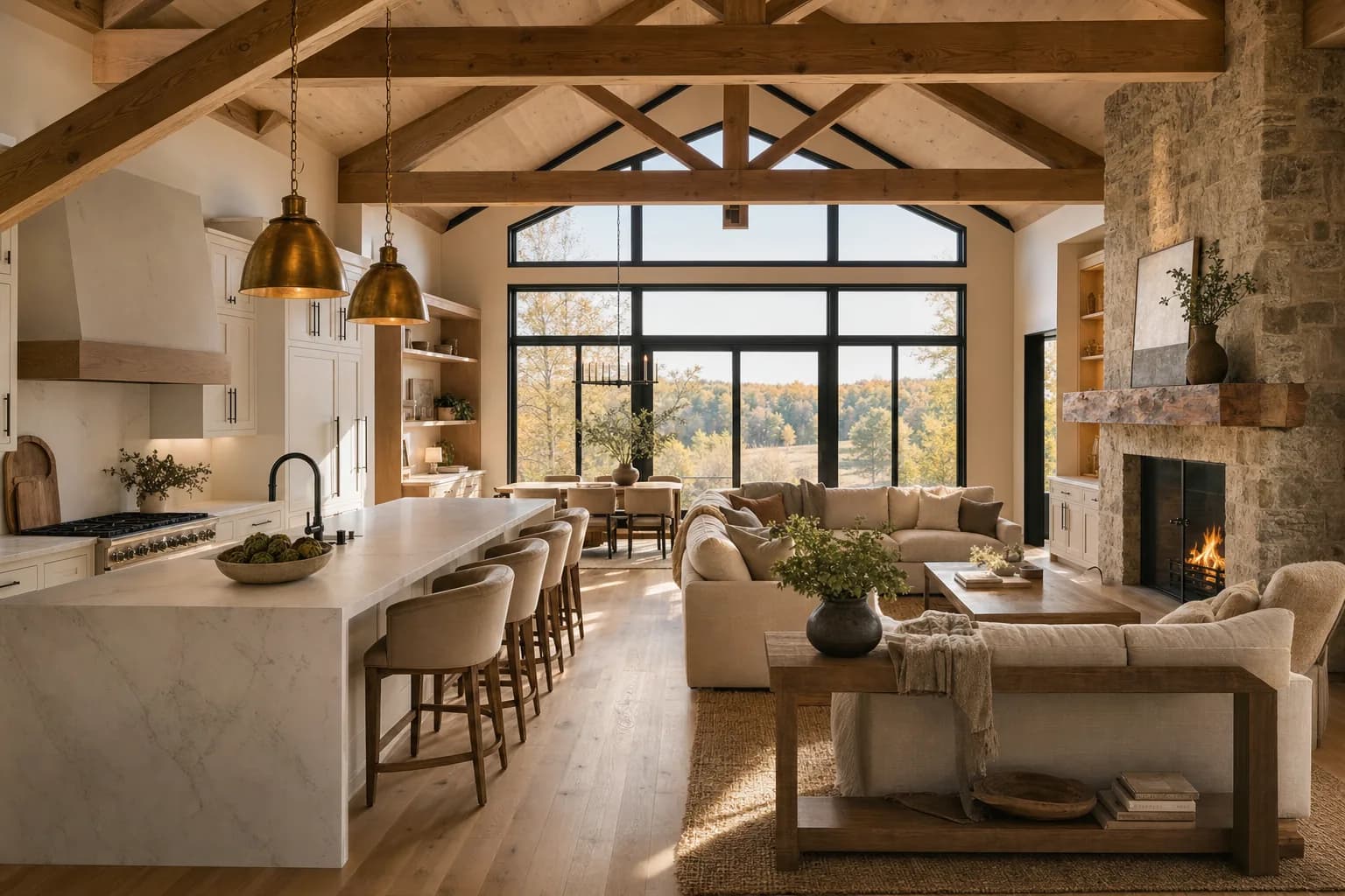 Open-concept great room and kitchen interior with vaulted timber beams, large windows, and a stone fireplace in a Sherman Buildings turnkey custom barndominium