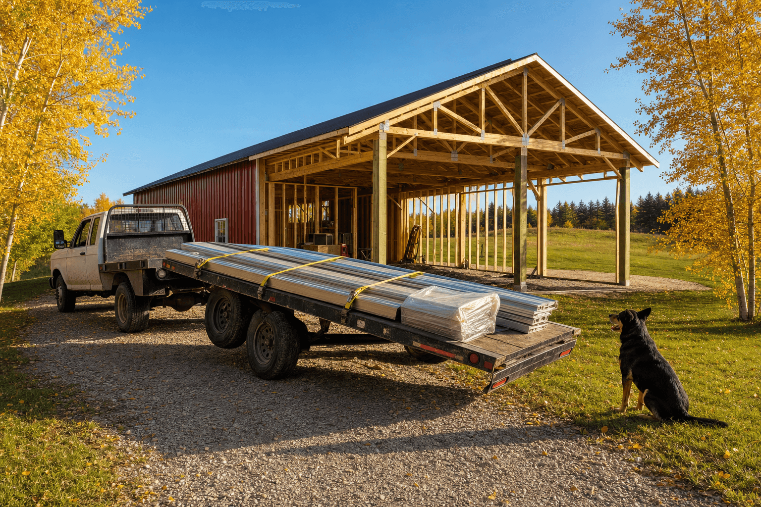 Jackknifed unbranded flatbed trailer loaded with metal roofing purlins behind a work pickup on a Minnesota gravel driveway, a black-and-tan farm dog sitting alertly in the grass, a red pole barn with a lean-to being framed with wooden trusses in the background under a deep blue autumn sky