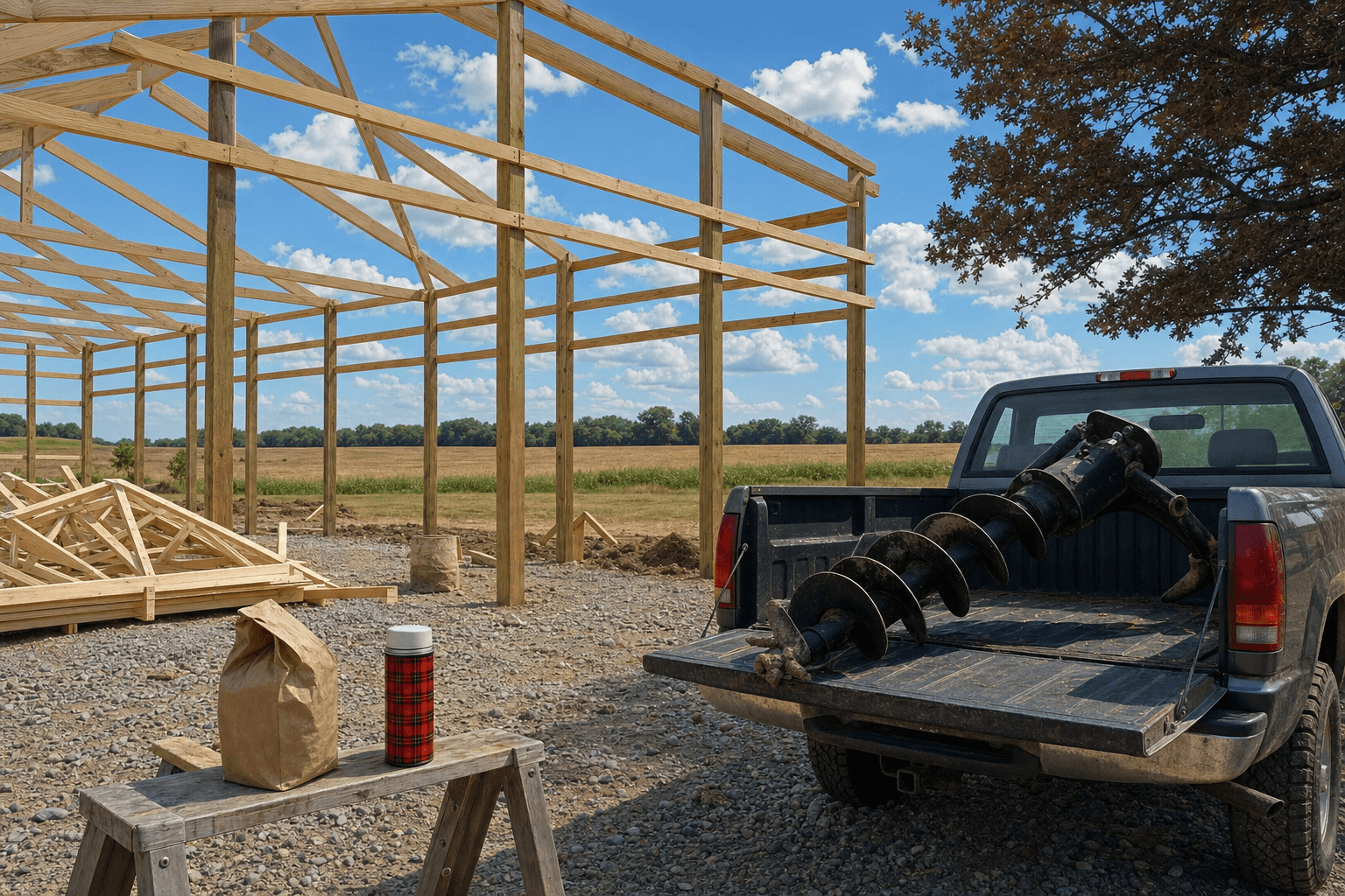 Post-hole auger resting across the open tailgate of an unbranded work pickup at a partially framed Minnesota pole barn site, brown lunch bag and red plaid thermos on a sawhorse in the foreground under a warm blue August sky