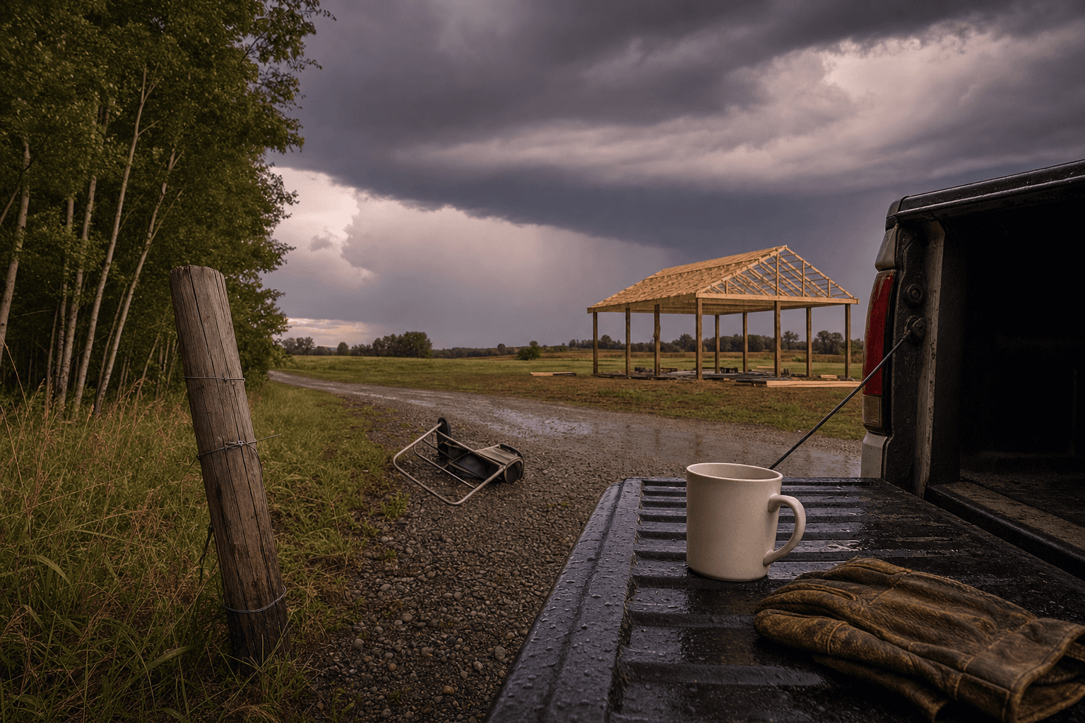 Empty coffee mug and leather work glove on an unbranded pickup tailgate at a Minnesota job site with a wooden-trussed pole barn framed in the distance under a bruised purple pre-storm August sky