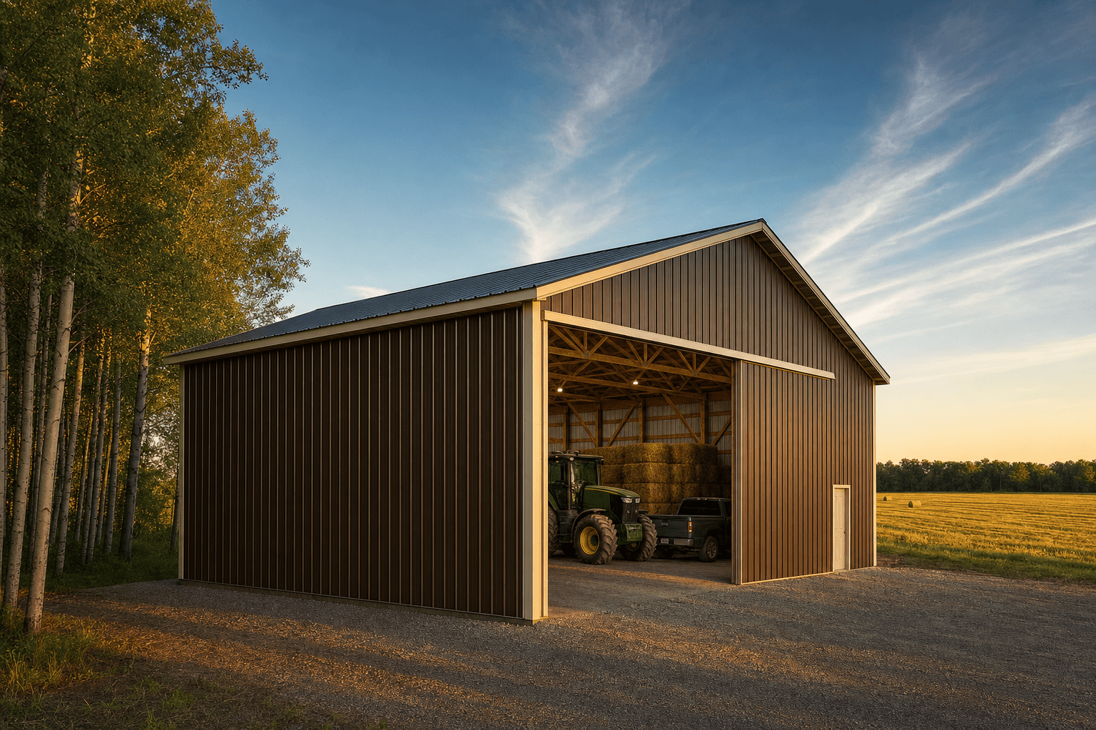 Completed dark brown Minnesota pole shed with an open sliding barn door showing a tractor, hay bales, and a pickup inside — wooden roof trusses visible in the interior, aspen grove to one side, mown hay field to the other, golden hour late-summer light