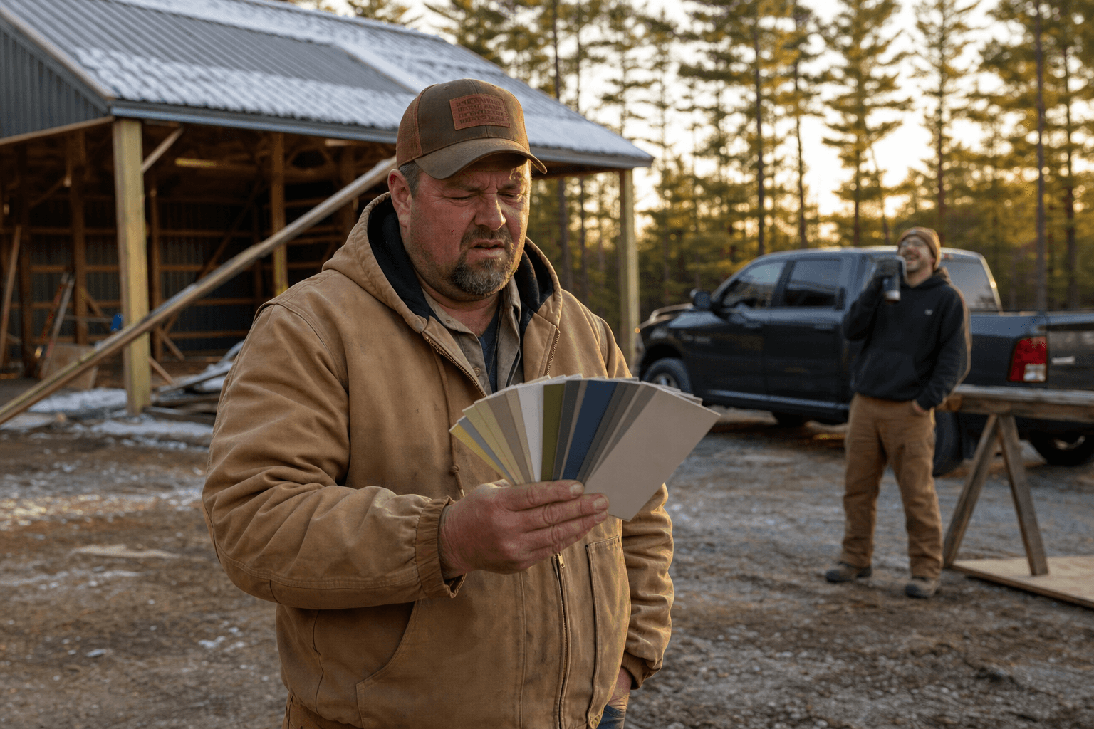 A pole barn builder in a tan Carhartt jacket squints at a fan of paint sample cards on a Mora MN build site at golden hour while a crew member laughs in the background.