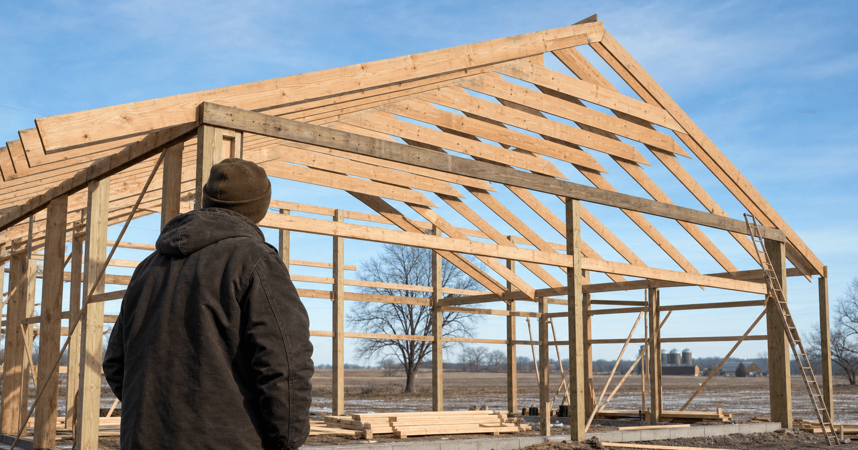 A Minnesota builder views a partially framed pole barn featuring engineered wooden roof trusses and treated wood posts under a clear sky.