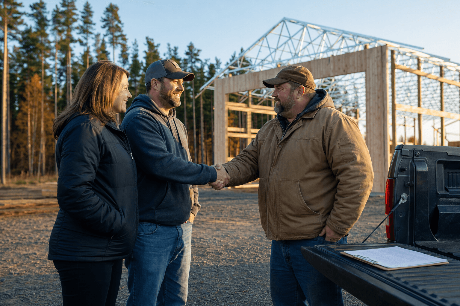 Minnesota homeowners shaking hands with a pole barn builder on the gravel in front of a partially framed pole barn at golden hour.