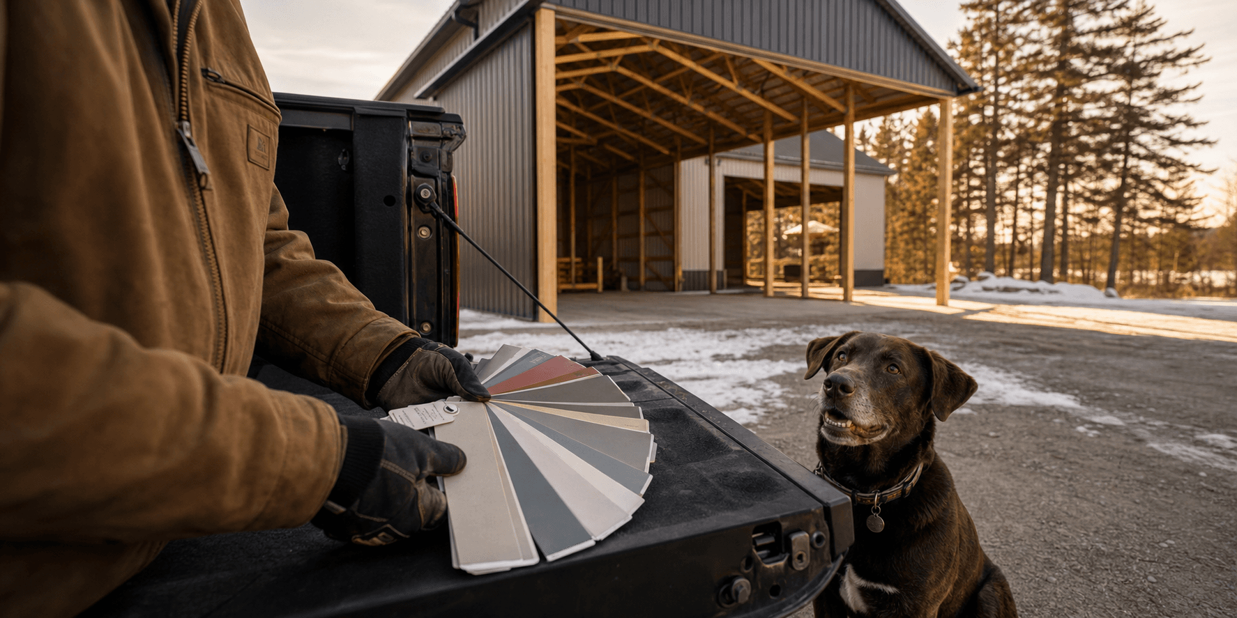 Gloved hands fan out paint color sample cards on the open tailgate of a pickup truck while a chocolate Labrador looks up, with a Sherman pole barn featuring wooden trusses in the background.