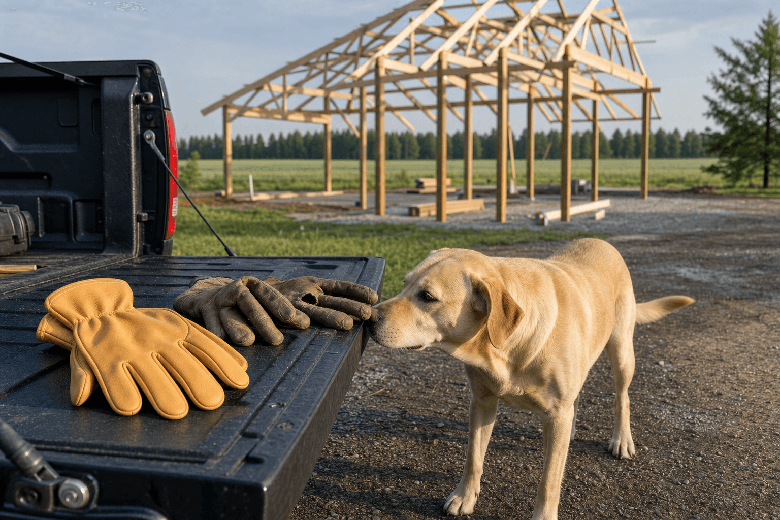 A new pair of tan leather work gloves and an old brown pair on a pickup tailgate; a curious yellow Labrador sniffs them with a wood-framed pole barn in the background.