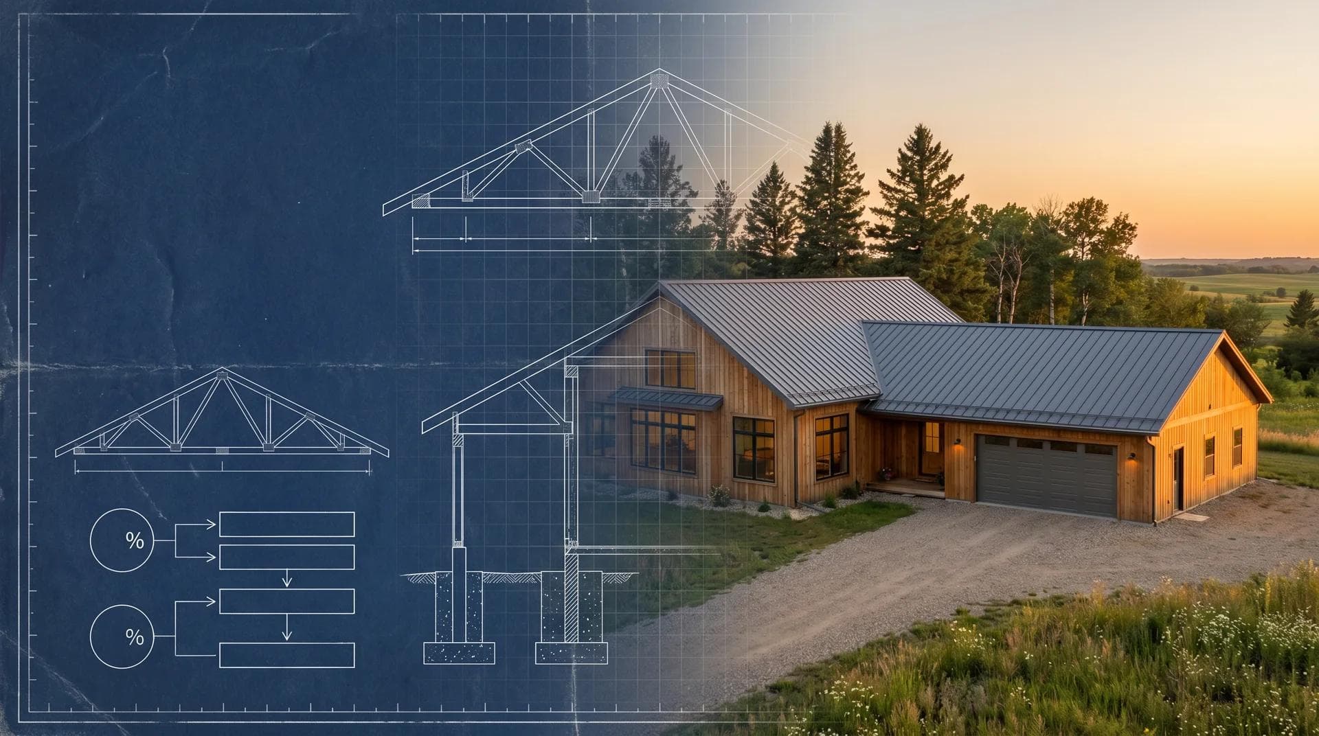 Blueprint overlay on a barndominium with financing percentage diagrams